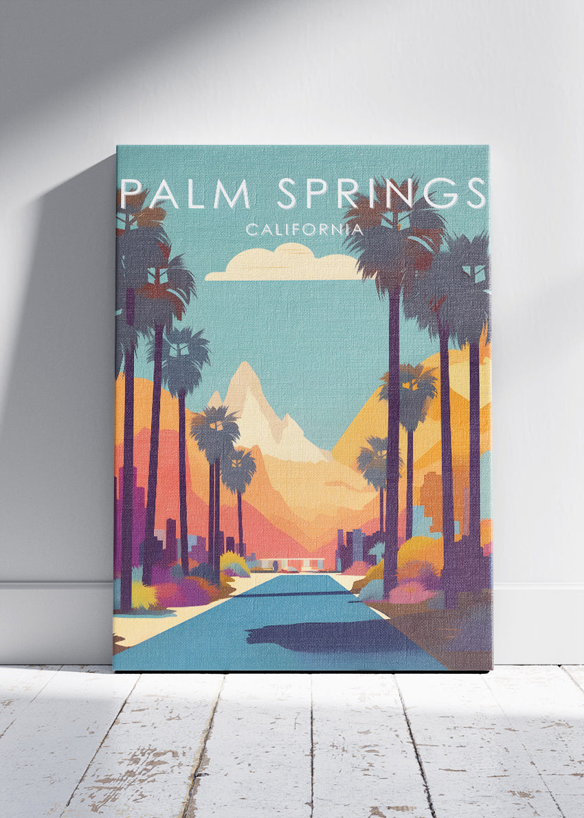 Palm Springs California Poster & Canvas Print – Desert Sunset Drive Illustration Wall Art