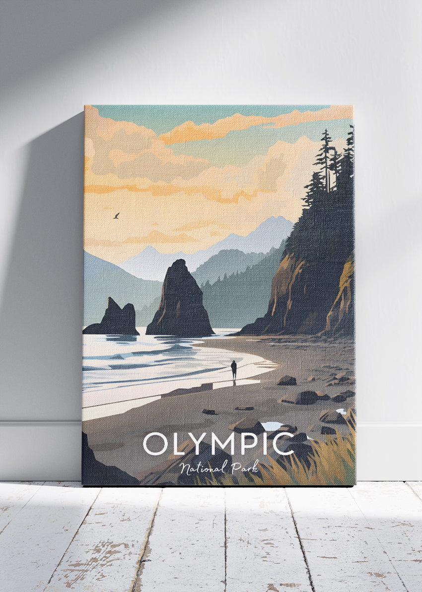 Olympic National Park Poster & Canvas Print – Illustrated Coastal Sunset Wall Art