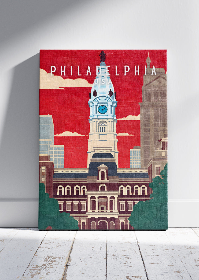 Philadelphia USA Poster & Canvas Print – City Hall Landmark Illustration Wall Art