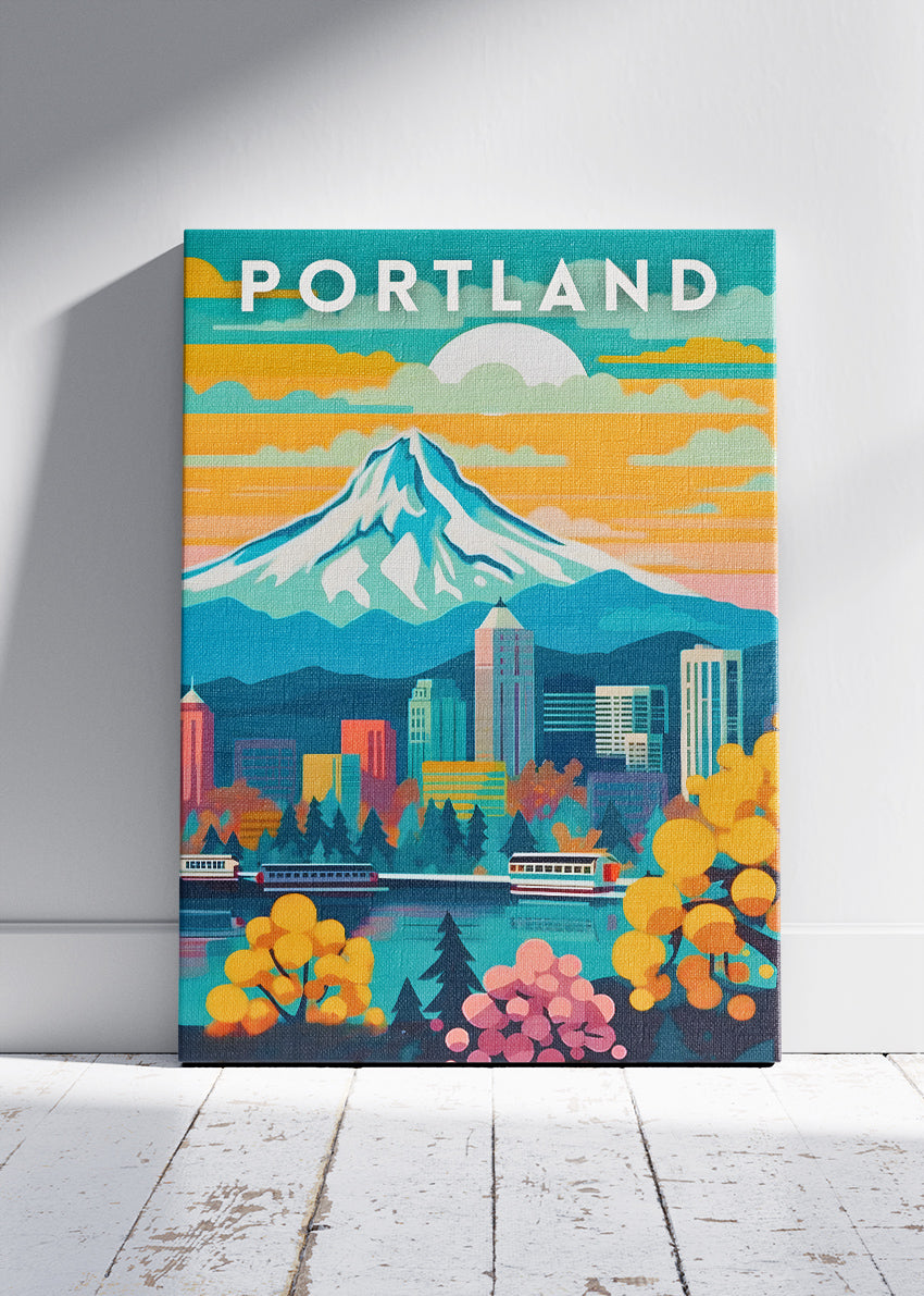 Portland Oregon Poster & Canvas Print – Mount Hood Skyline Illustration Wall Art