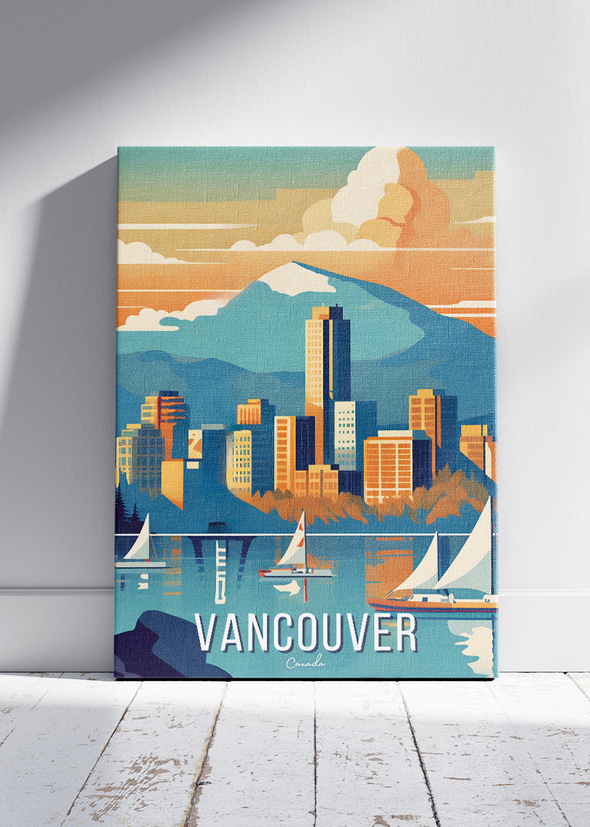 Vancouver Canada Skyline Poster & Canvas Print – Mountains & Sailboats Wall Art