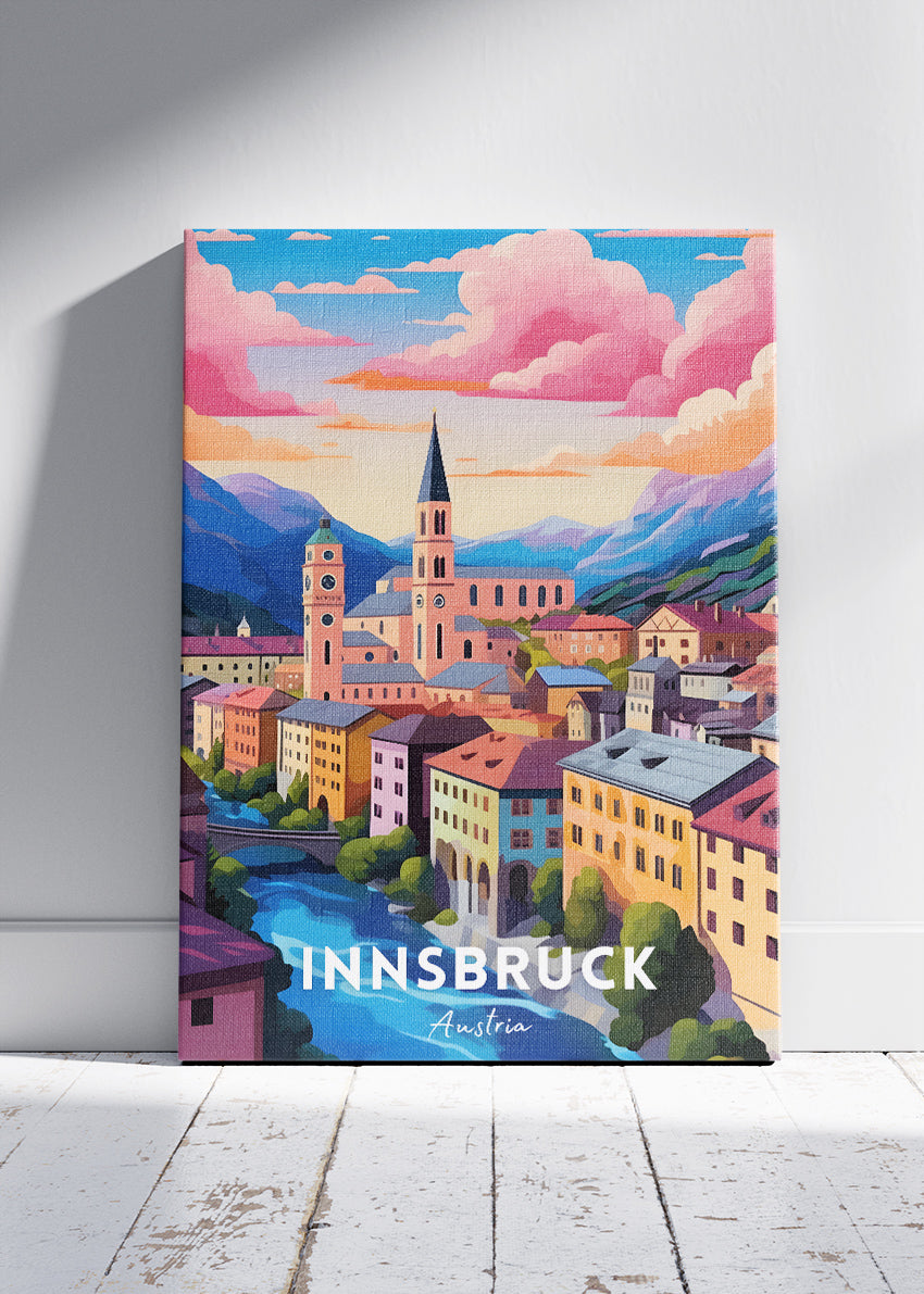Innsbruck Austria Travel Poster & Canvas Wall Art – Colourful Alpine City Illustration