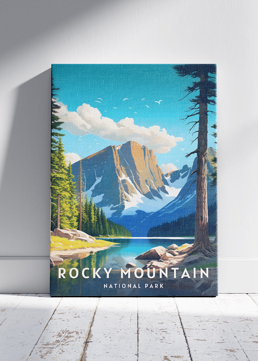 Rocky Mountain National Park Poster & Canvas Print – Illustrated Colorado Mountain Lake Wall Art