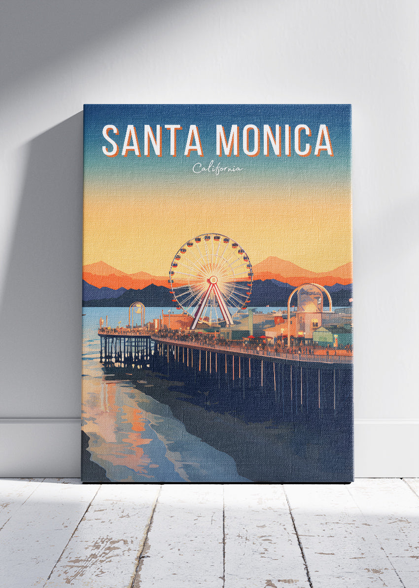 Santa Monica California Poster & Canvas Print – Sunset Pier and Ferris Wheel Illustrated Wall Art