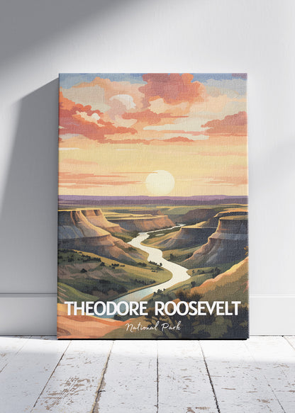 Theodore Roosevelt National Park Poster & Canvas Print – Illustrated Badlands Sunset Wall Art