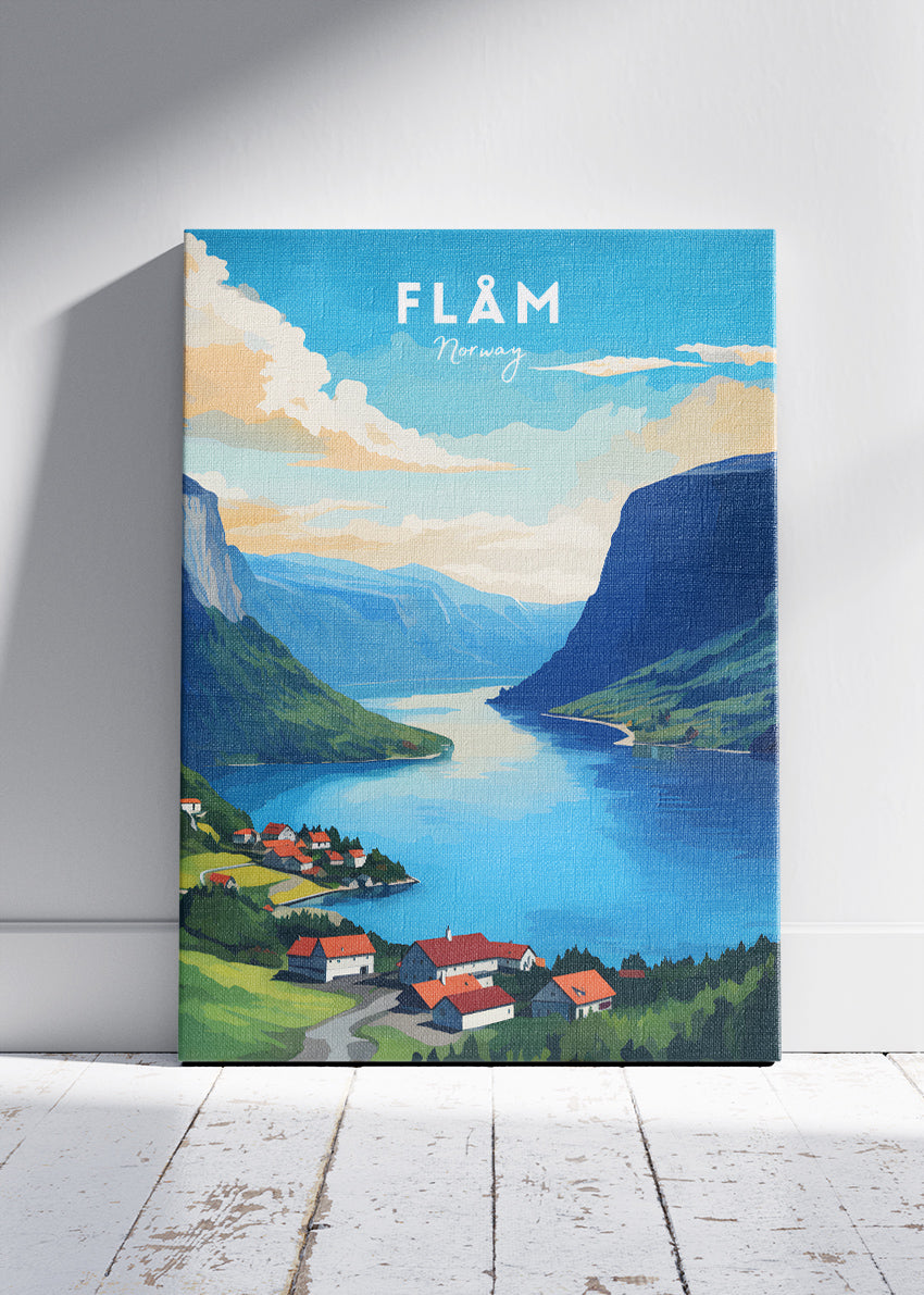Flåm Norway Poster & Canvas Print – Modern Illustrated Nordic Fjord Landscape Art