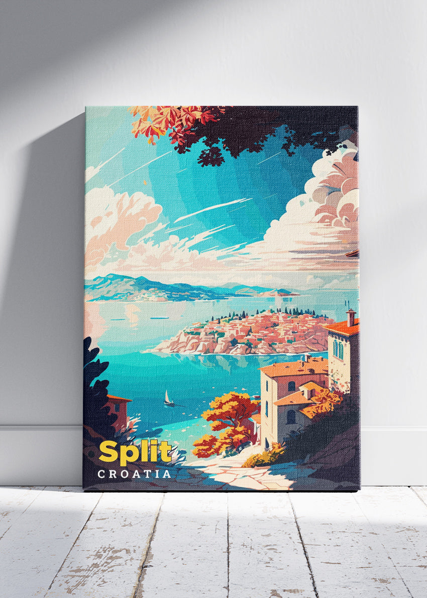 Split Croatia Travel Poster & Canvas Print – Coastal Cliff View Retro Illustration Wall Art