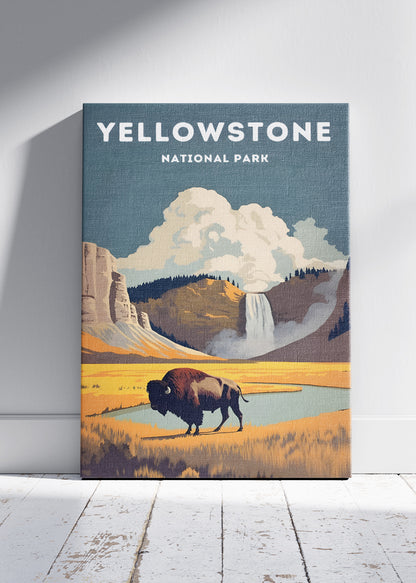 Yellowstone National Park Poster & Canvas Print – Illustrated Bison Landscape Wall Art