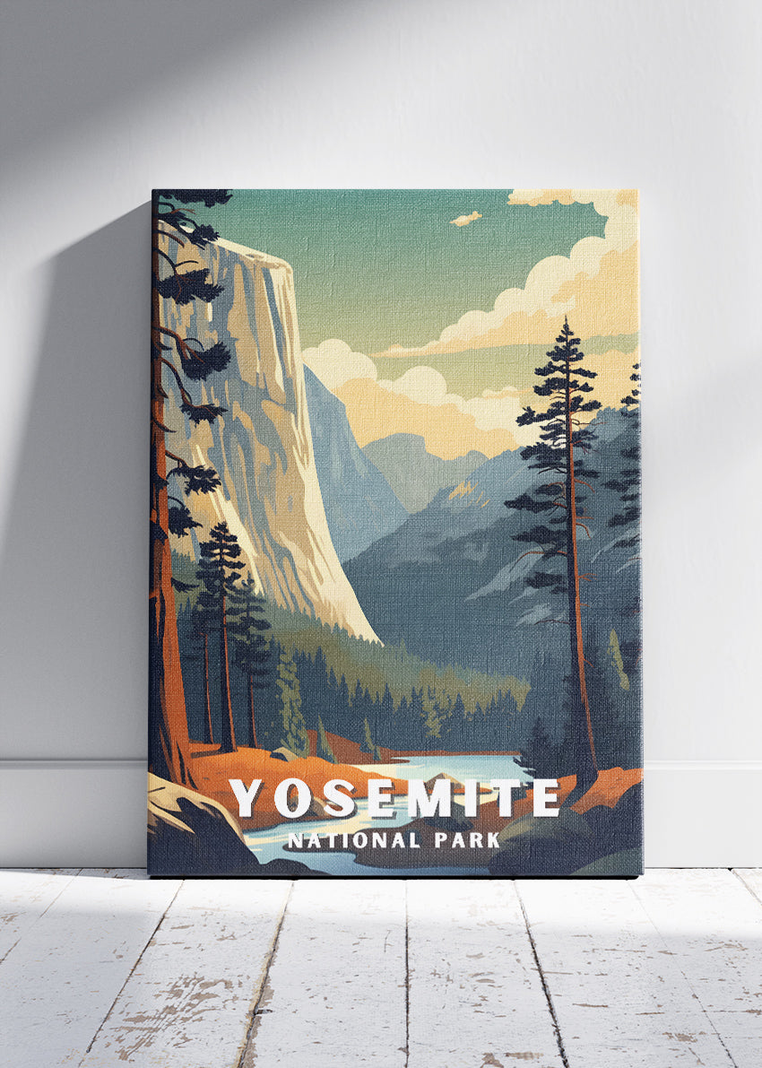Yosemite National Park Poster & Canvas Print – Illustrated California Mountain Landscape Wall Art
