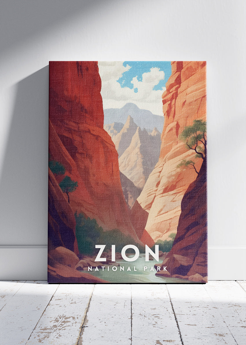 Zion National Park Poster & Canvas Print – Illustrated Utah Canyon Landscape Wall Art