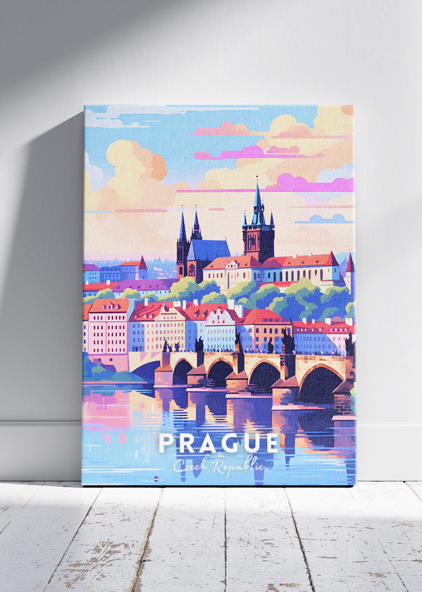 Prague Czech Republic Travel Poster & Canvas Print – Charles Bridge Skyline Wall Art