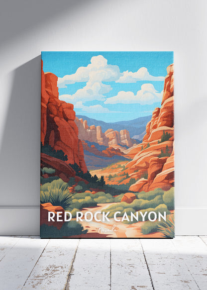 Red Rock Canyon Poster & Canvas Print – Nevada Desert Canyon Landscape Illustration Wall Art