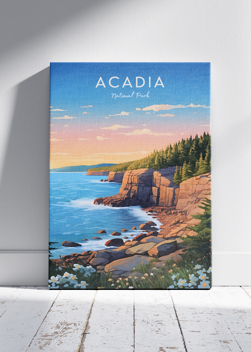 Acadia National Park Poster & Canvas Print – Coastal Cliff Sunrise Illustration Wall Art