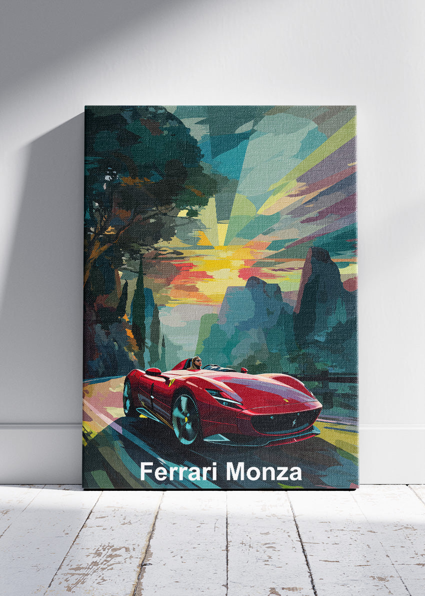 Ferrari Monza Art Poster & Canvas Print – Open-Top Supercar Sunset Wall Art