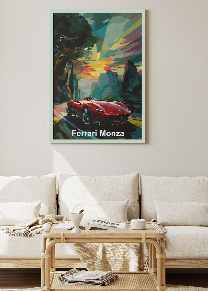 Ferrari Monza Art Poster & Canvas Print – Open-Top Supercar Sunset Wall Art