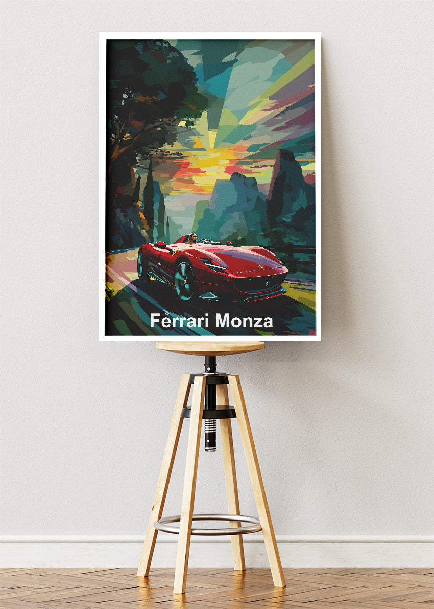 Ferrari Monza Art Poster & Canvas Print – Open-Top Supercar Sunset Wall Art