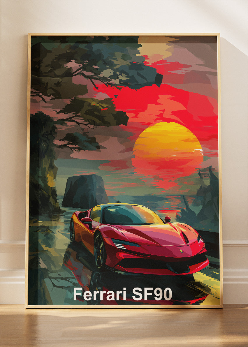 Ferrari SF90 Stradale Art Poster & Canvas Print – Sunset Hybrid Supercar Wall Art