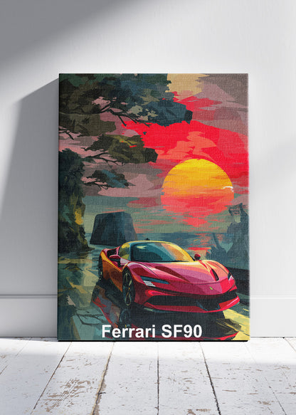 Ferrari SF90 Stradale Art Poster & Canvas Print – Sunset Hybrid Supercar Wall Art