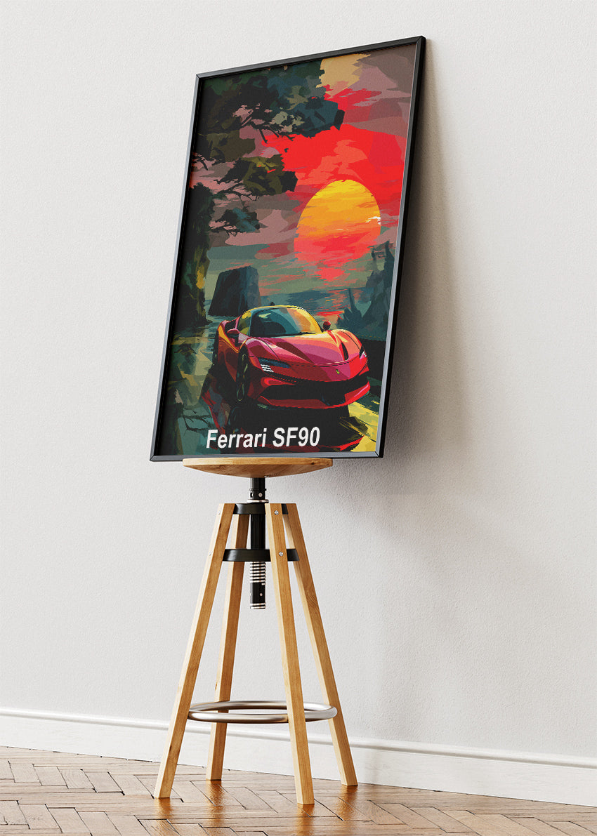 Ferrari SF90 Stradale Art Poster & Canvas Print – Sunset Hybrid Supercar Wall Art