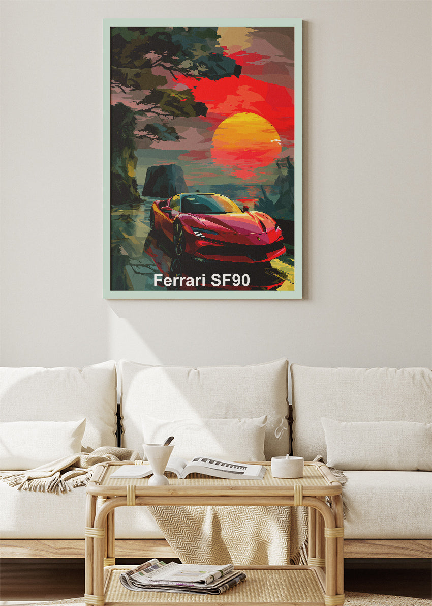 Ferrari SF90 Stradale Art Poster & Canvas Print – Sunset Hybrid Supercar Wall Art