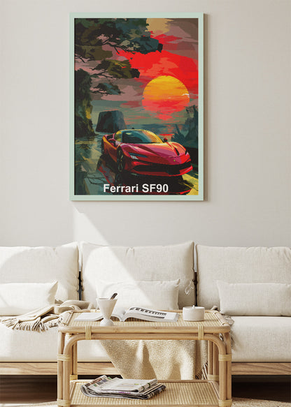 Ferrari SF90 Stradale Art Poster & Canvas Print – Sunset Hybrid Supercar Wall Art