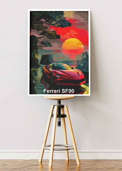 Ferrari SF90 Stradale Art Poster & Canvas Print – Sunset Hybrid Supercar Wall Art