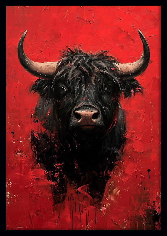 Fierce Black Bull on Red Background – Bold Animal Canvas & Poster Art – T913 – AiPrintLab