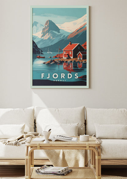 Fjords Norway Poster & Canvas Print – Illustrated Nordic Cabin Mountain Art
