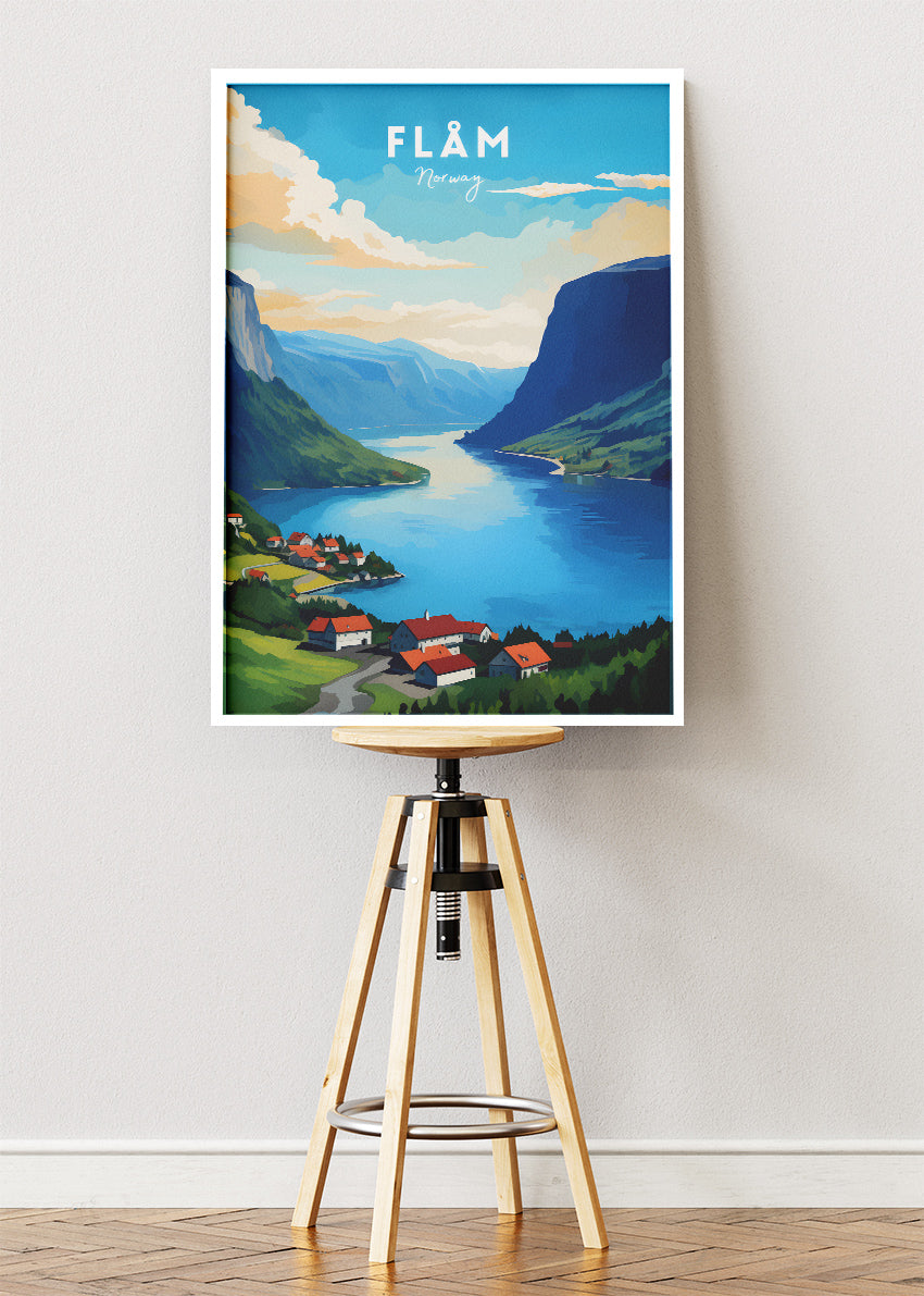 Flåm Norway Poster & Canvas Print – Modern Illustrated Nordic Fjord Landscape Art