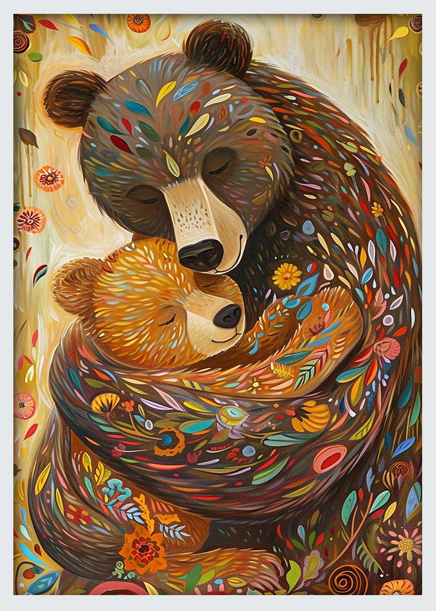 Floral Bear Hug Wall Art – Whimsical Animal Poster & Canvas Print – T1038 –