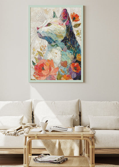 Floral Cat Mosaic Wall Art Poster & Canvas Print – Elegant Botanical Feline Illustration