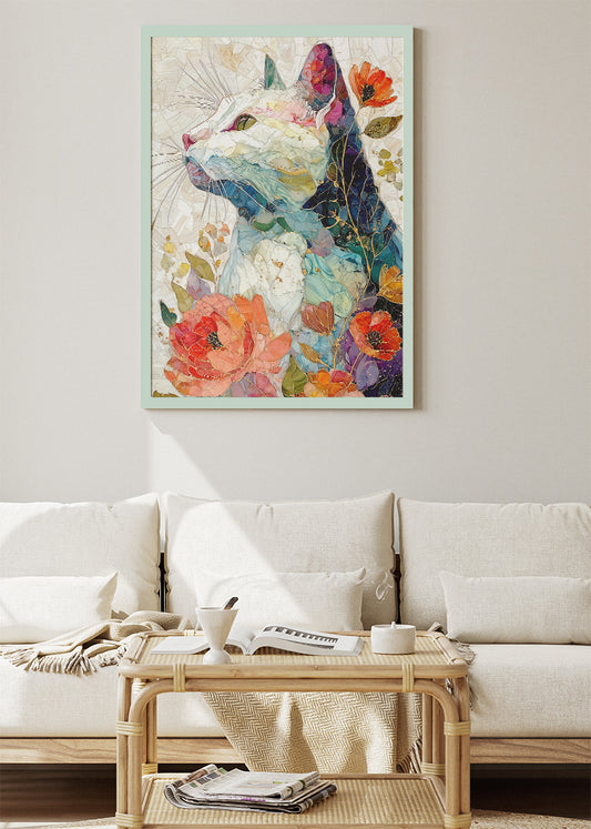 Floral Cat Mosaic Wall Art Poster & Canvas Print – Elegant Botanical Feline Illustration