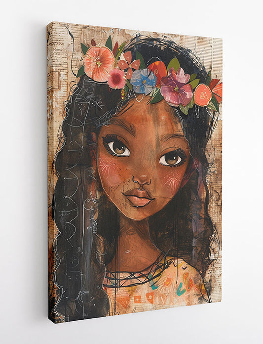 Floral Crown Girl – Mixed Media Portrait Canvas & Poster Wall Art – T1043 – AiPrintLab