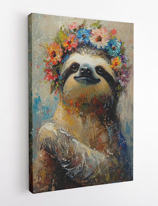 Floral Crown Sloth Wall Art – Whimsical Animal Canvas & Poster Print – T1390 –