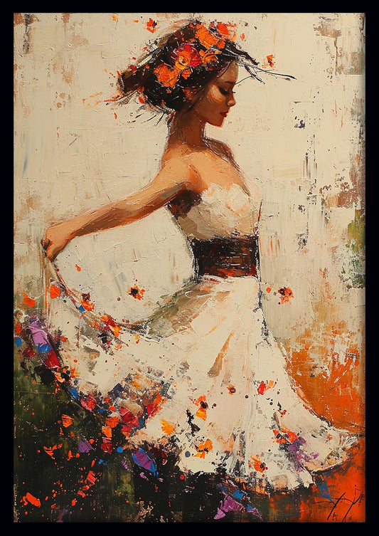 Floral Dancer in Motion – Elegant Woman in White Dress Canvas & Poster Art – T919 – AiPrintLab