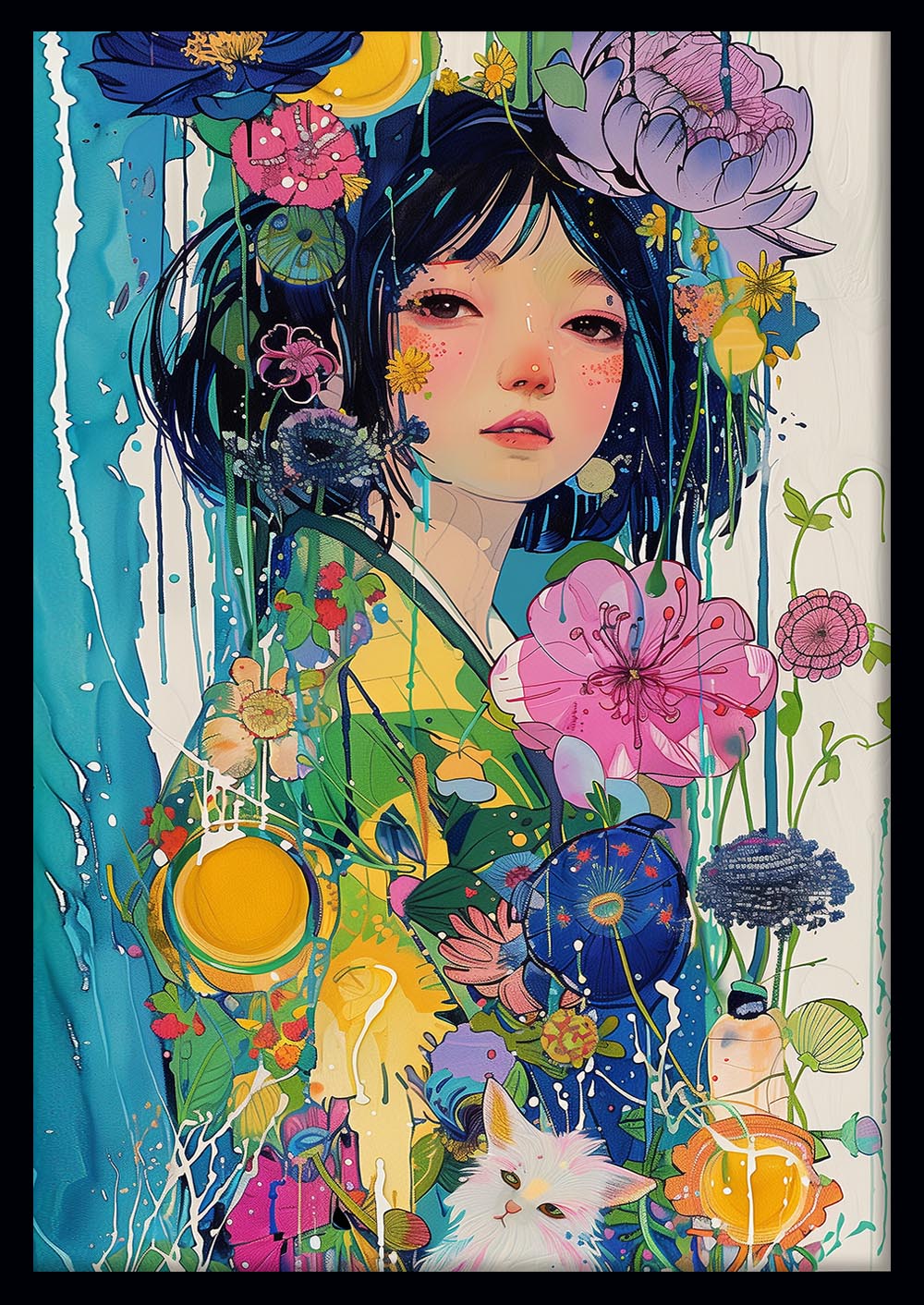 Floral Dream Girl – Vibrant Asian Portrait with Flowers Canvas & Poster Art – T991 – AiPrintLab