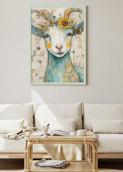 Floral Goat Wall Art Print & Canvas – Whimsical Farm Animal Artwork
