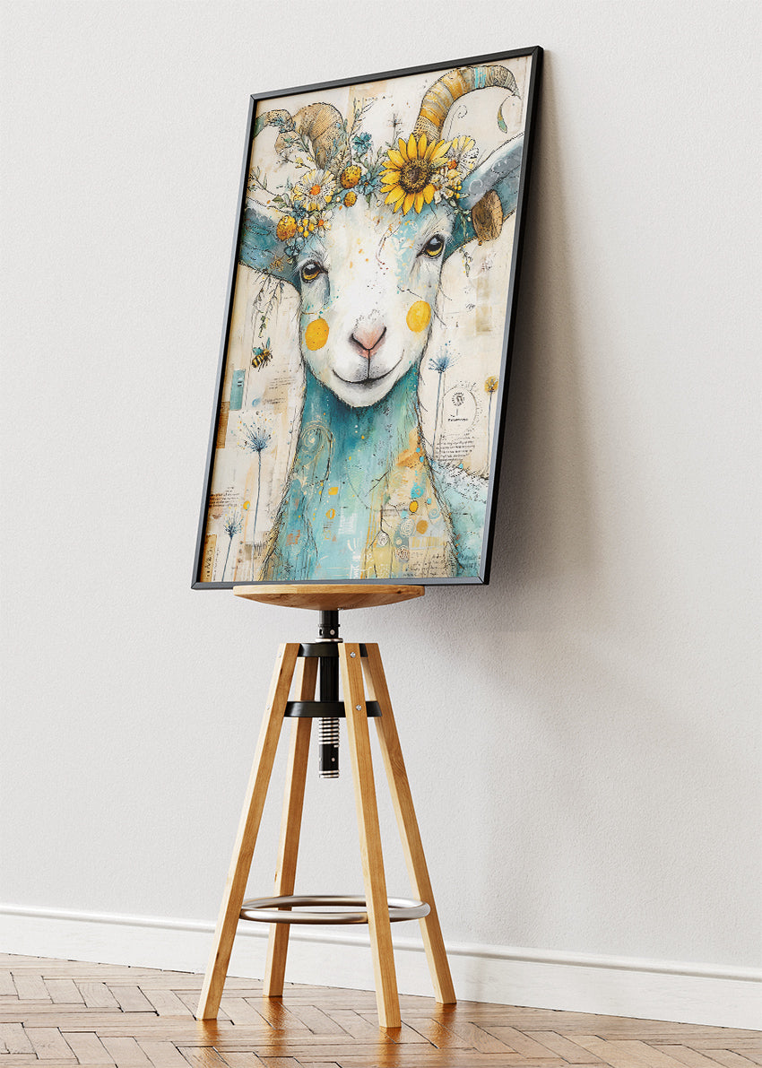 Floral Goat Wall Art Print & Canvas – Whimsical Farm Animal Artwork