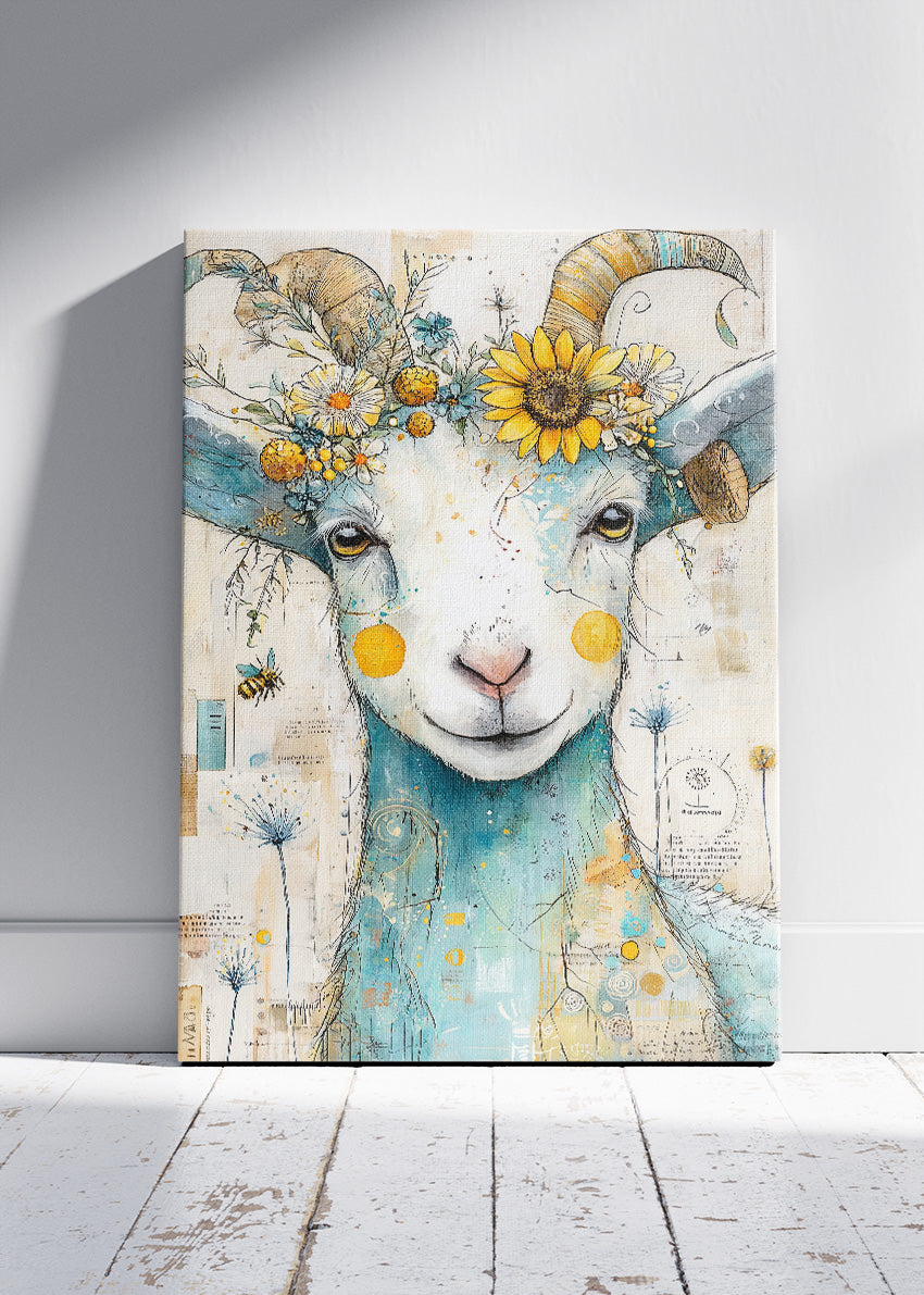 Floral Goat Wall Art Print & Canvas – Whimsical Farm Animal Artwork