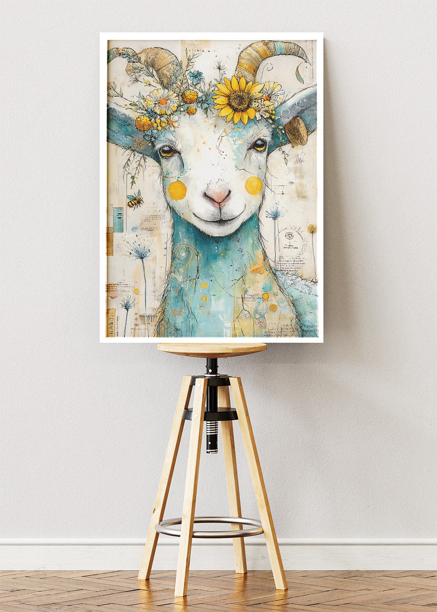Floral Goat Wall Art Print & Canvas – Whimsical Farm Animal Artwork