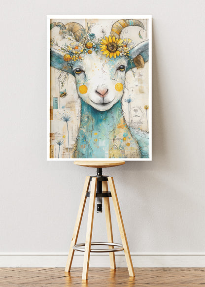 Floral Goat Wall Art Print & Canvas – Whimsical Farm Animal Artwork