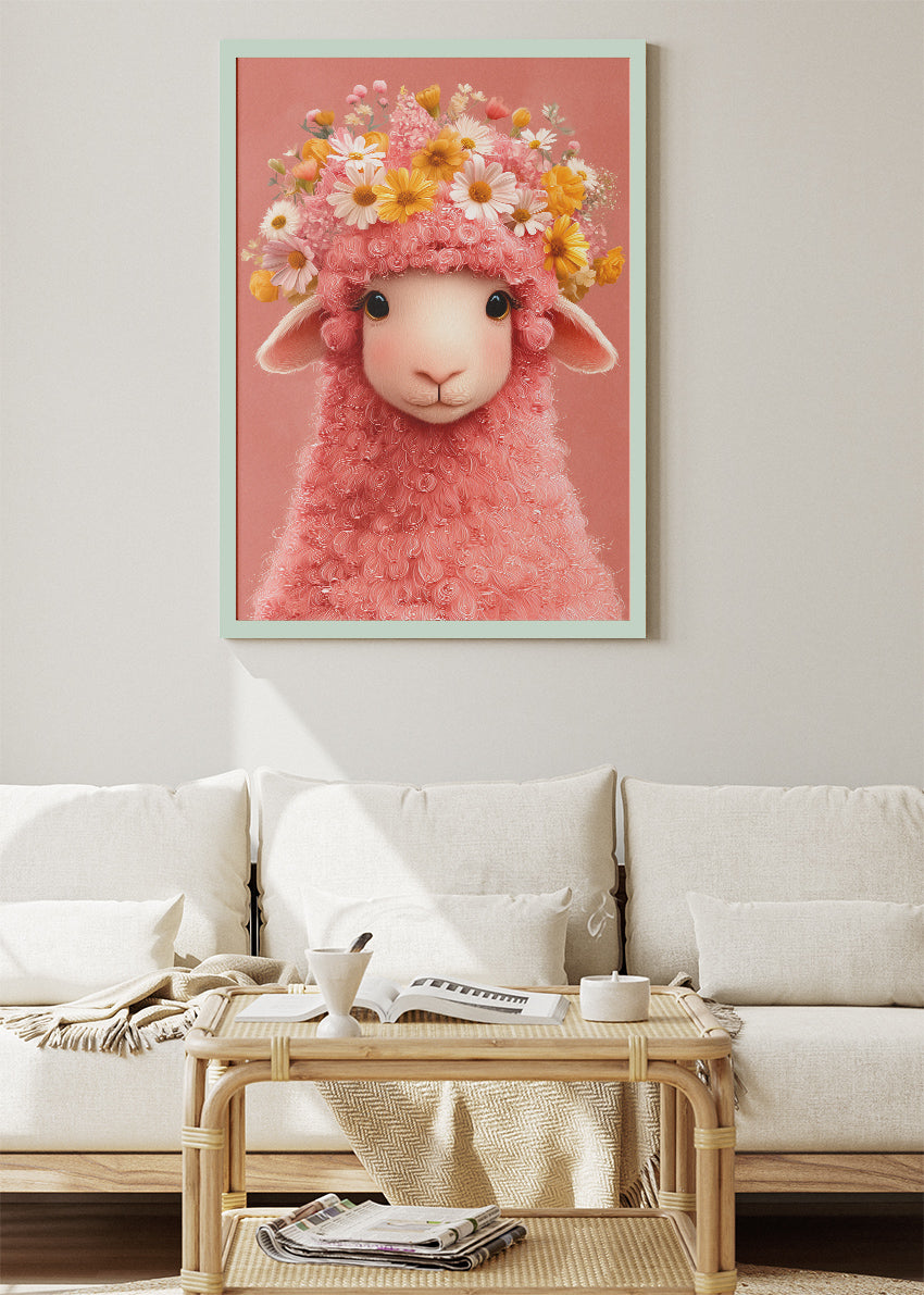 Floral Pink Lamb Nursery Art Canvas Print & Poster – Cute Baby Animal Wall Decor