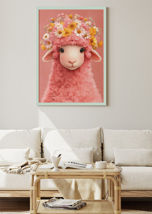 Floral Pink Lamb Nursery Art Canvas Print & Poster – Cute Baby Animal Wall Decor