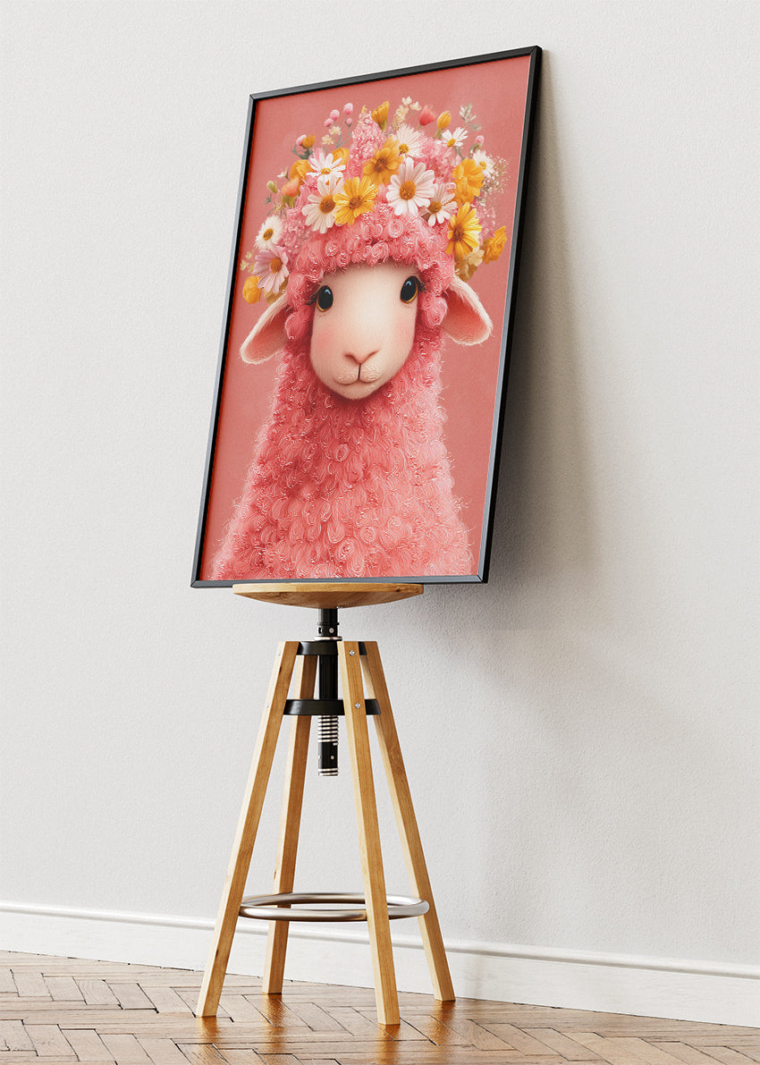 Floral Pink Lamb Nursery Art Canvas Print & Poster – Cute Baby Animal Wall Decor
