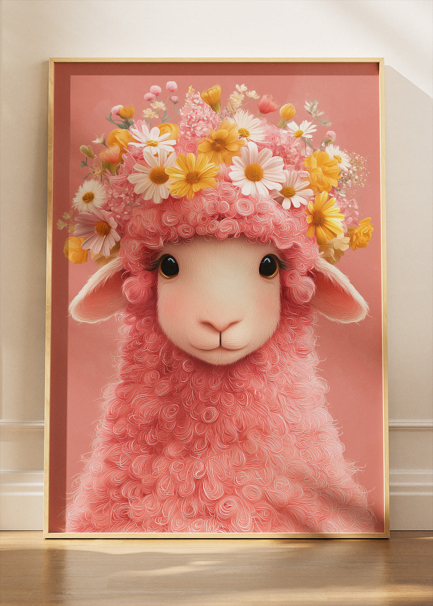 Floral Pink Lamb Nursery Art Canvas Print & Poster – Cute Baby Animal Wall Decor