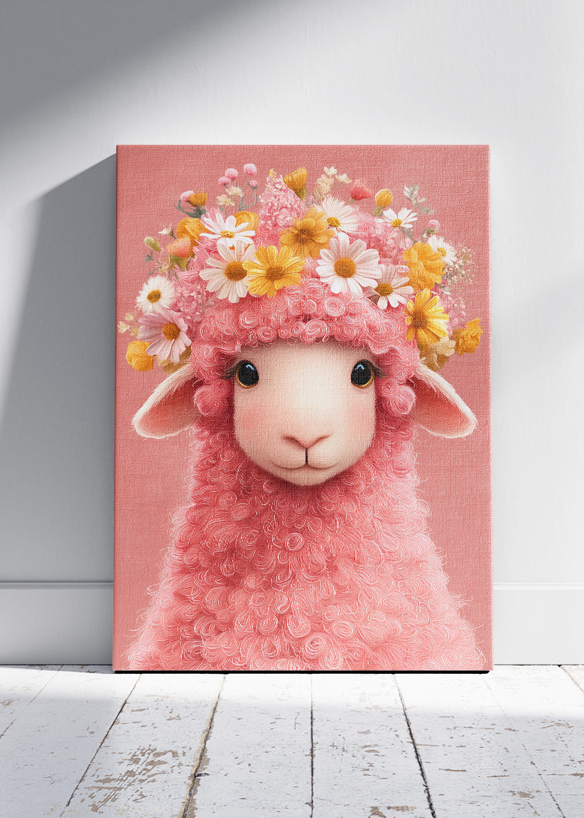 Floral Pink Lamb Nursery Art Canvas Print & Poster – Cute Baby Animal Wall Decor