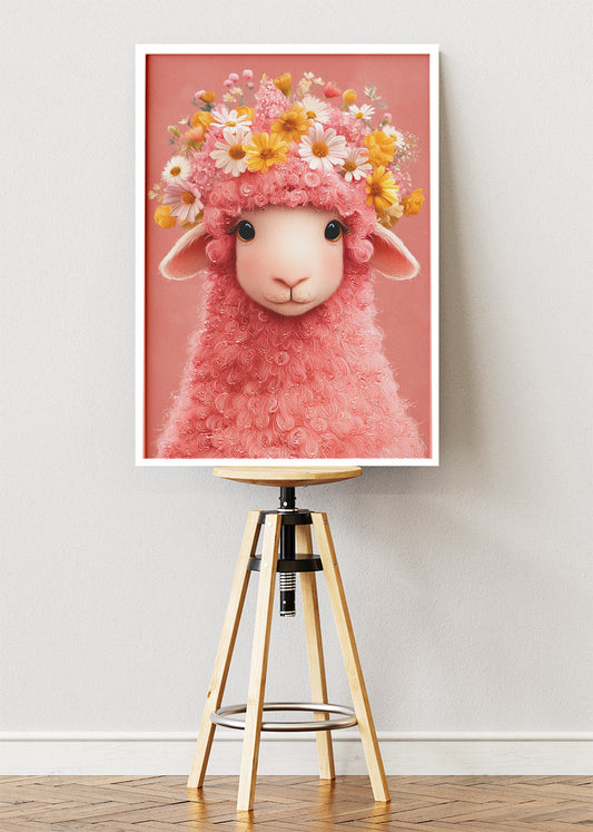 Floral Pink Lamb Nursery Art Canvas Print & Poster – Cute Baby Animal Wall Decor