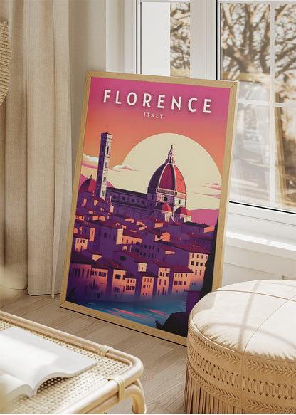 Florence Italy Pink Sunset Skyline Poster & Canvas Print – Duomo Cathedral Illustrated Wall Art