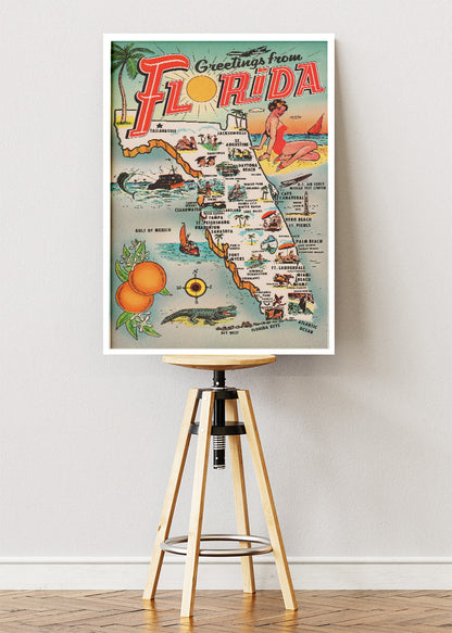 Florida Vintage Map Poster & Canvas Print – Retro Illustrated Sunshine State Wall Art