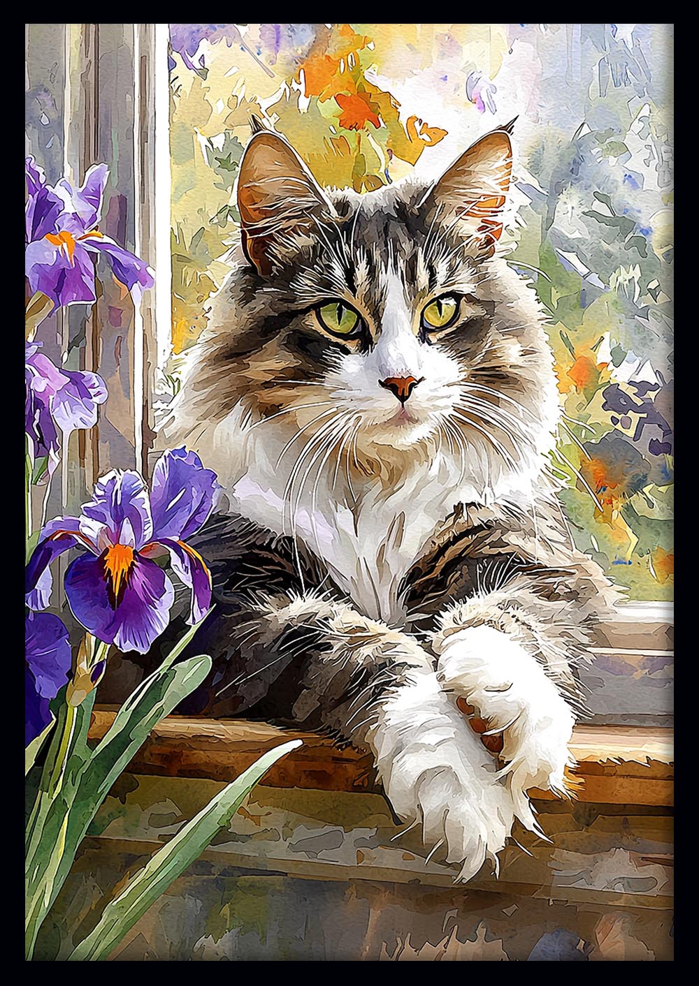 Fluffy Cat by Window with Irises – Serene Garden View Canvas & Poster Wall Art – T1288 – AiPrintLab